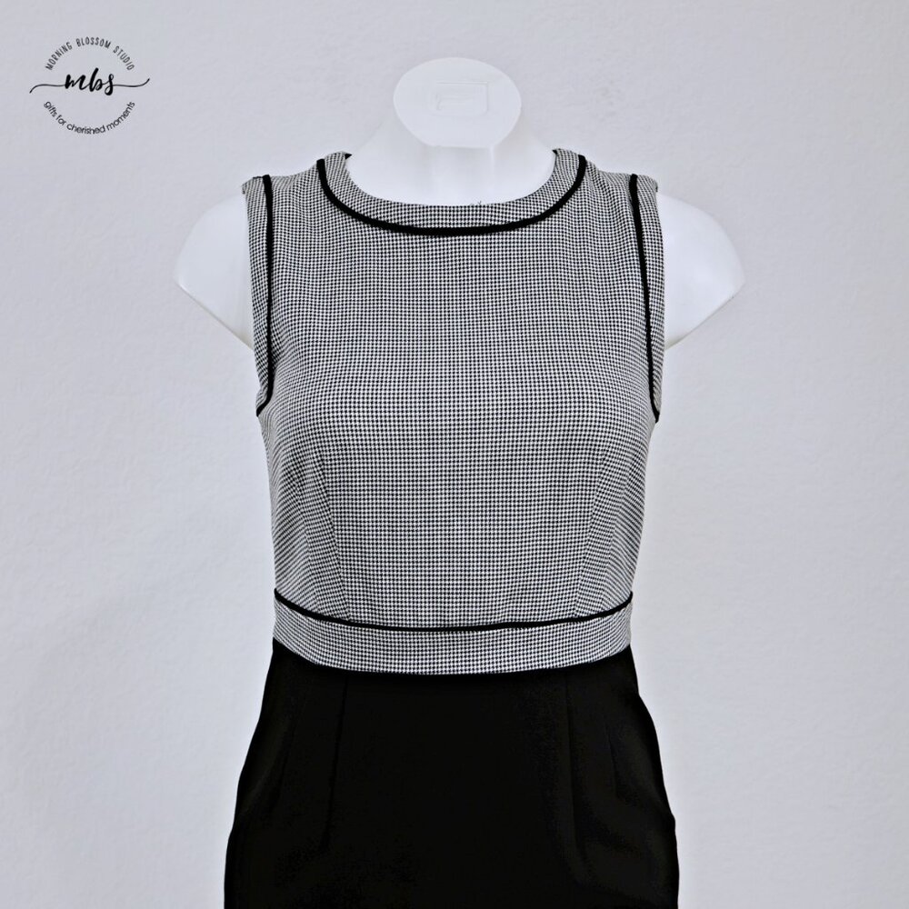 Hobbs London Sienna Crew Houndstooth Sheath Sleeveless Midi Dress Black White‎ 4 - Picture 5 of 13